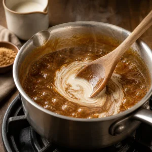 Panna mescolata nella salsa al caramello che sobbolle