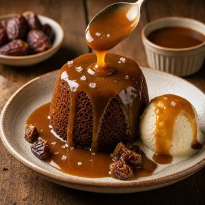 Sticky toffee pudding servito con caramello e gelato alla vaniglia