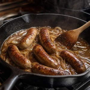 Bratwurst and onions simmering in stout