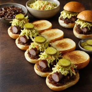 Bratwurst sliders assembled with stout onions, slaw, and pickles