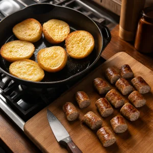 Buttered slider rolls toasting beside halved bratwurst