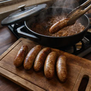 Cooked bratwurst transferred from the skillet to a cutting board