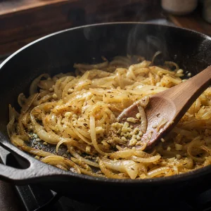 Golden onions with garlic and caraway in a skillet
