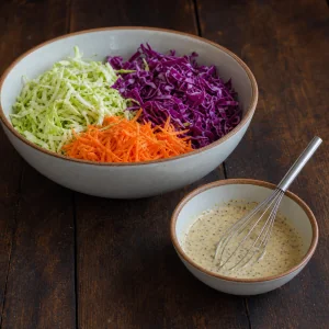 Shredded cabbage and carrot beside whisked mustard dressing