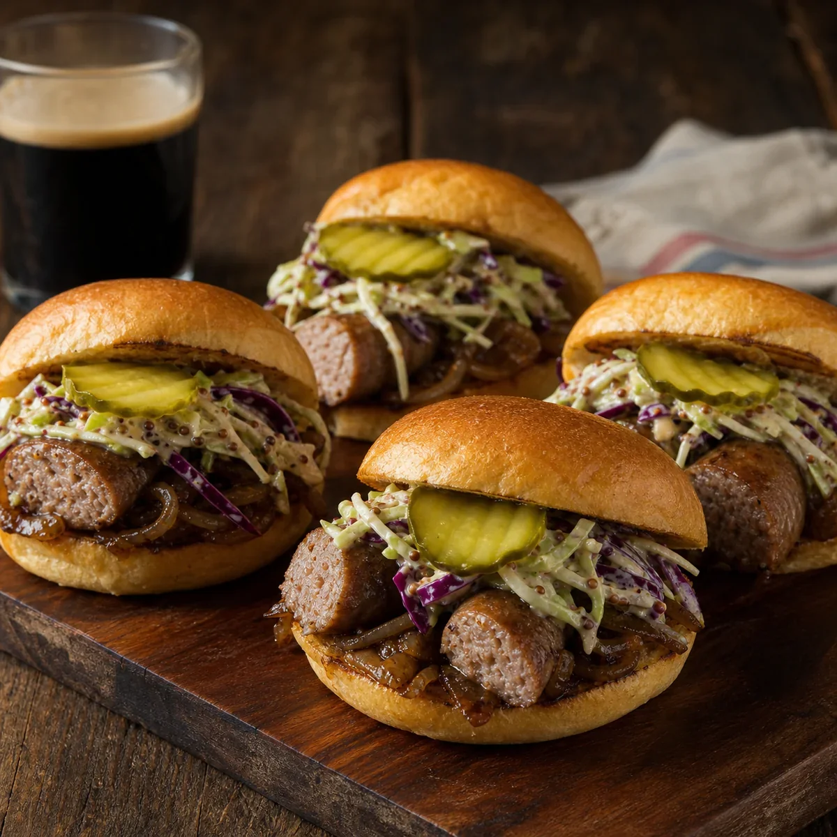 Stout-braised bratwurst sliders with mustard slaw and pickles