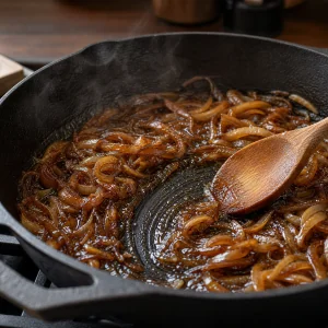 Stout-braised onions reduced to a glossy glaze