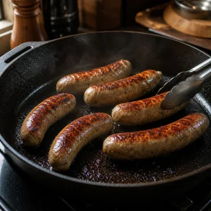 Whole bratwurst sausages browning in a cast-iron skillet