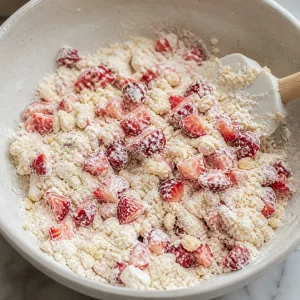 Chopped strawberries folded through the flour mixture