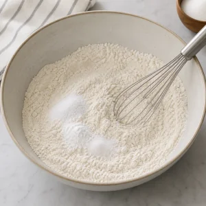 Dry ingredients being whisked in a mixing bowl