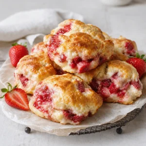 Finished strawberries and cream biscuits on a cooling rack