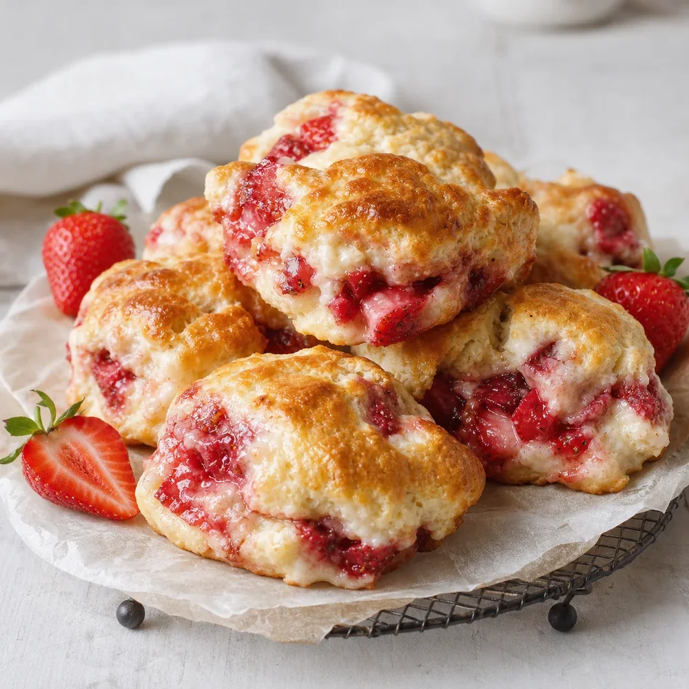 Finished strawberries and cream biscuits on a cooling rack