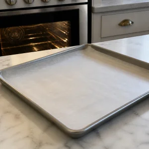 Parchment-lined baking sheet ready for biscuit dough