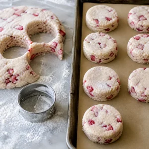 Raw strawberry biscuits cut and placed on parchment