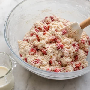 Shaggy strawberry biscuit dough mixed with cream