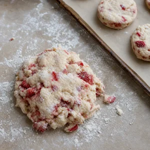 Strawberry dough scraps gathered for the remaining biscuits