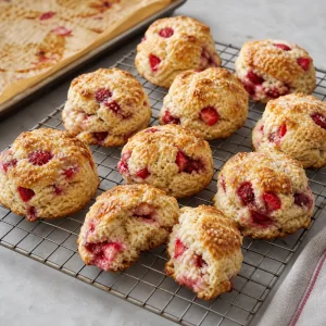 Warm strawberry cream biscuits cooling on a wire rack