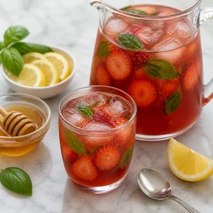Chilled strawberry basil tea with honey, lemon, and a tasting glass.