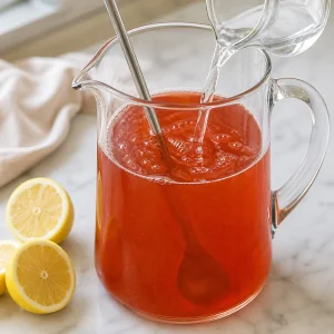 Cold water being poured into a pitcher of strawberry tea with lemon nearby.