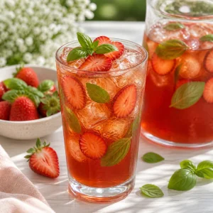 Glass of strawberry basil iced tea served over ice with strawberries and basil.