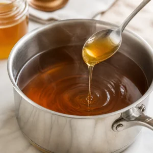 Honey being stirred into hot black tea.