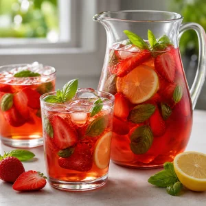 Jarra y vasos de té helado de fresa y albahaca con hielo, limón, fresas y albahaca.
