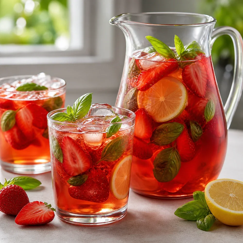 Pitcher and glasses of strawberry basil iced tea with ice, lemon, strawberries, and basil.
