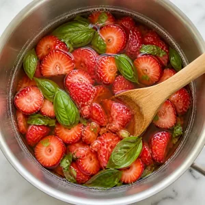 Sliced strawberries and basil leaves being mashed into tea.