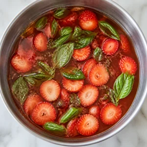 Strawberries and basil infusing in reddish tea.