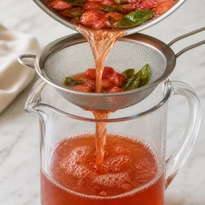 Strawberry basil tea being strained through a fine-mesh sieve into a pitcher.