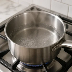 Water just beginning to boil in a saucepan.