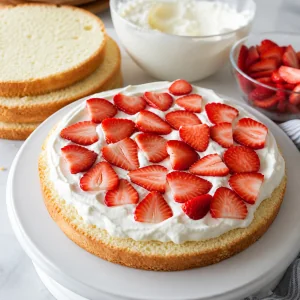 Cake layer spread with cream and topped with sliced strawberries