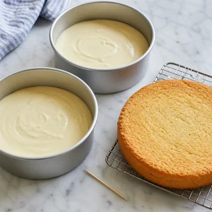 Chiffon batter divided into pans with baked layer and clean toothpick