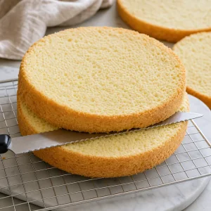 Cooled chiffon cake split into thin layers with serrated knife
