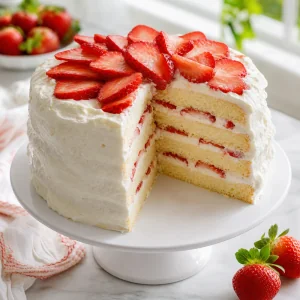 Finished strawberry chiffon shortcake with cream and sliced strawberries
