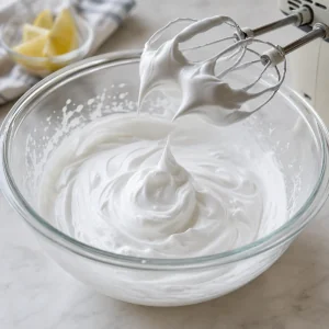 Glossy beaten egg whites holding firm peaks