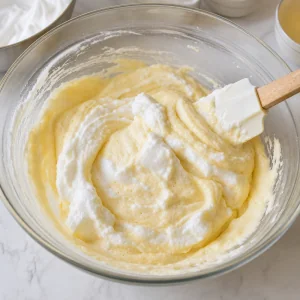 Meringue folded into pale chiffon batter with visible streaks