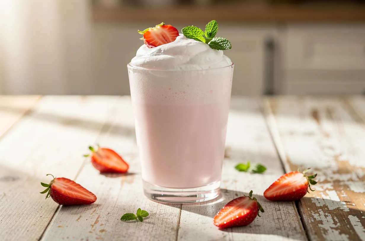 Latte nuvola alla fragola con schiuma soffice e menta