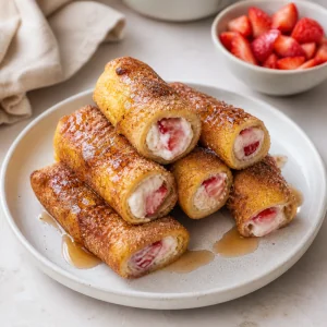 Rollitos de tostada francesa con fresa y queso crema terminados en un plato