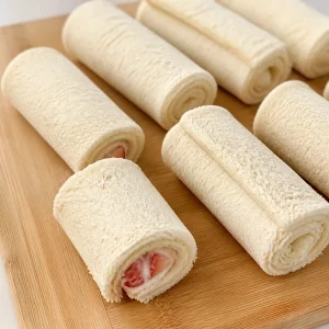 도마 위의 익히기 전 속 채운 식빵 롤