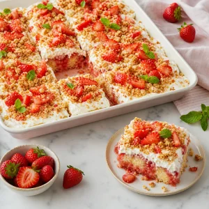 Fertiger Erdbeer-Poke-Cake mit Schlagsahne, frischen Beeren, Granola und Minze