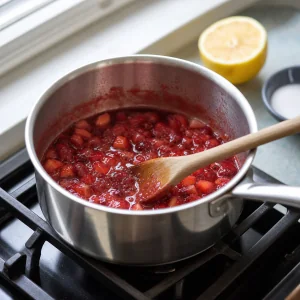 Cubos de morango a cozinhar numa calda brilhante