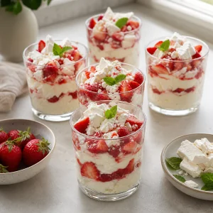 Seis taças de Eton mess de morango em camadas