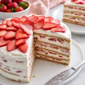 Chilled strawberry graham cake sliced to show the layers