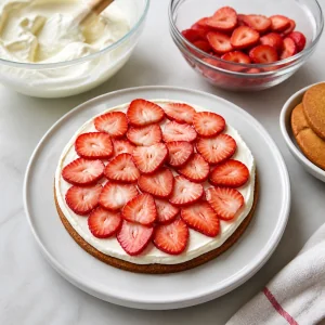 First graham layer topped with cream and sliced strawberries