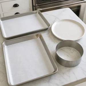 Parchment-lined baking sheets with a round trimming guide
