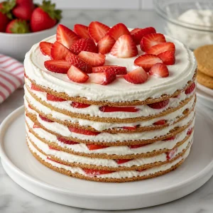 Stacked strawberry graham icebox cake before chilling