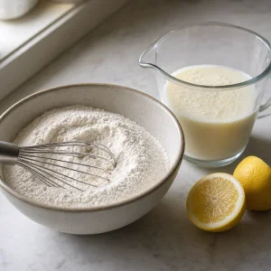 Ingredientes secos ao lado da mistura de leite e limão