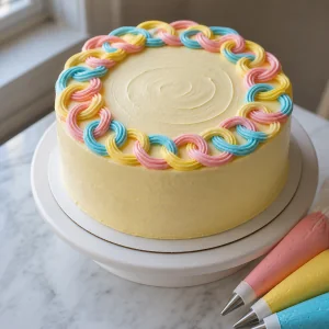 Bolo coberto com laços coloridos de creme sobrepostos