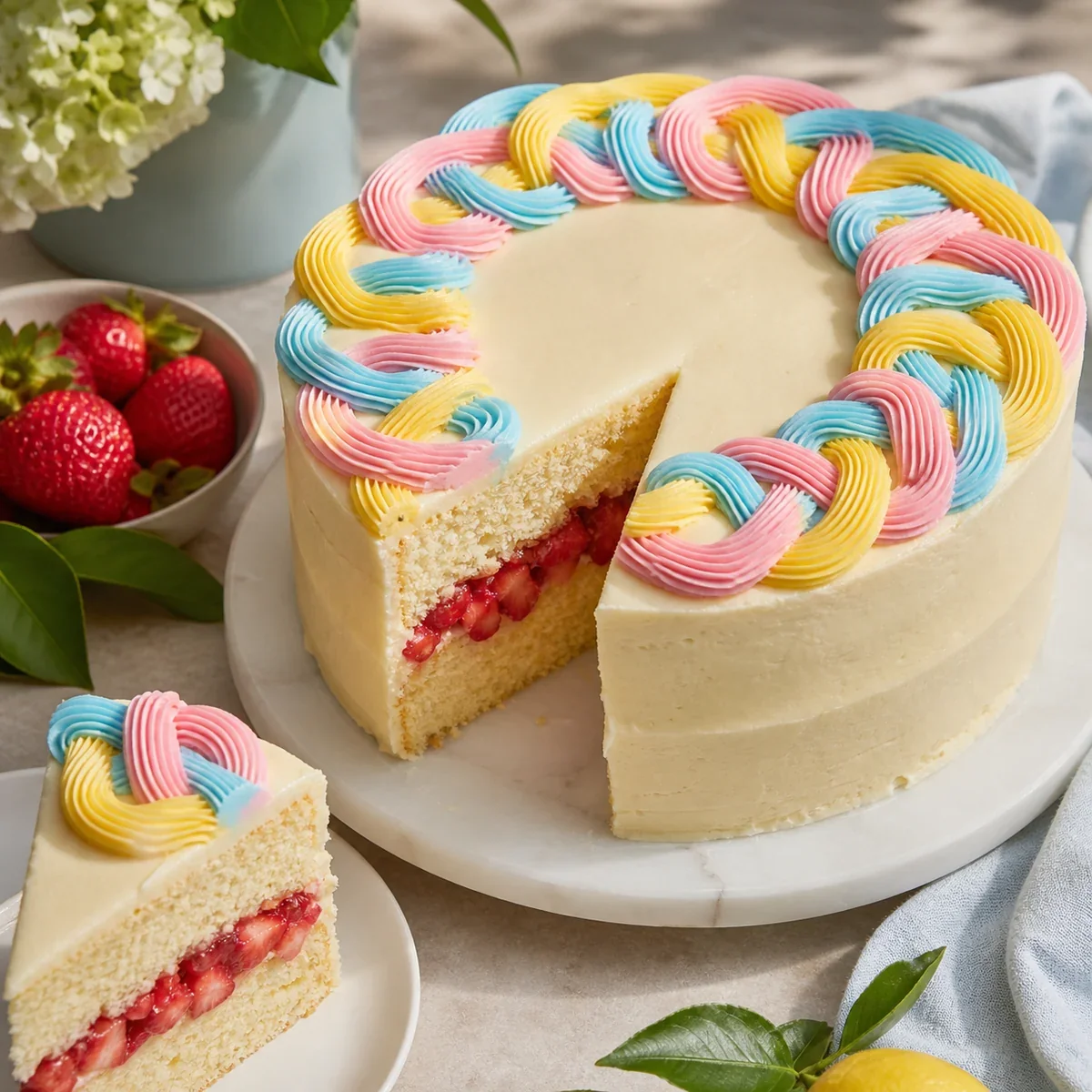 Strawberry lemon layer cake with colorful linked buttercream loops