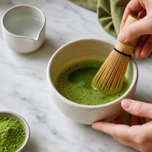 Matcha whisked with hot water until frothy
